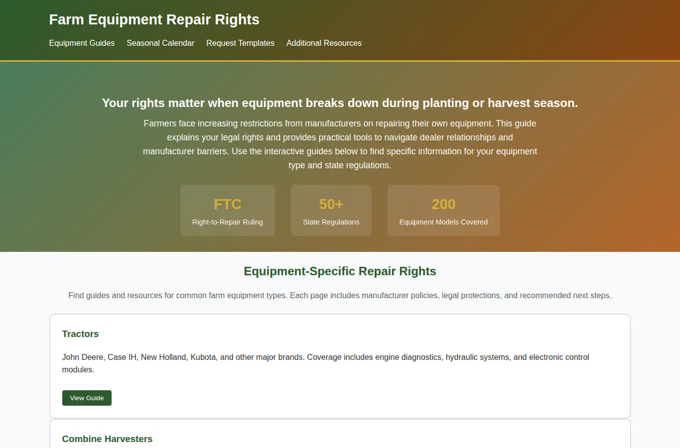 Screenshot of Farm Equipment Repair Rights Guide interface showing the project page in use